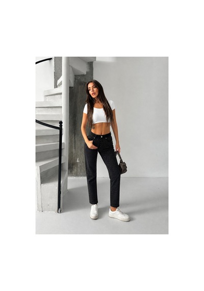 Bluemarlin Siyah Yüksek Bel Ön Bacak Taşlı Mom Jeans Kot Pantolon Siyah