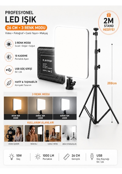 Profesyonel 26cm Led Işık 3 Renk Modlu 2 Metre Tripod Standlı Ayarlanabilir Masa Lambası Aydınlatma