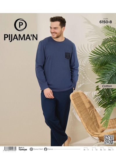 Pijamoni Erkek Pamuklu Bisiklet Yaka Uzun Kol İnce Pijama Takımı 6150/8 - 1 Adet Mavi