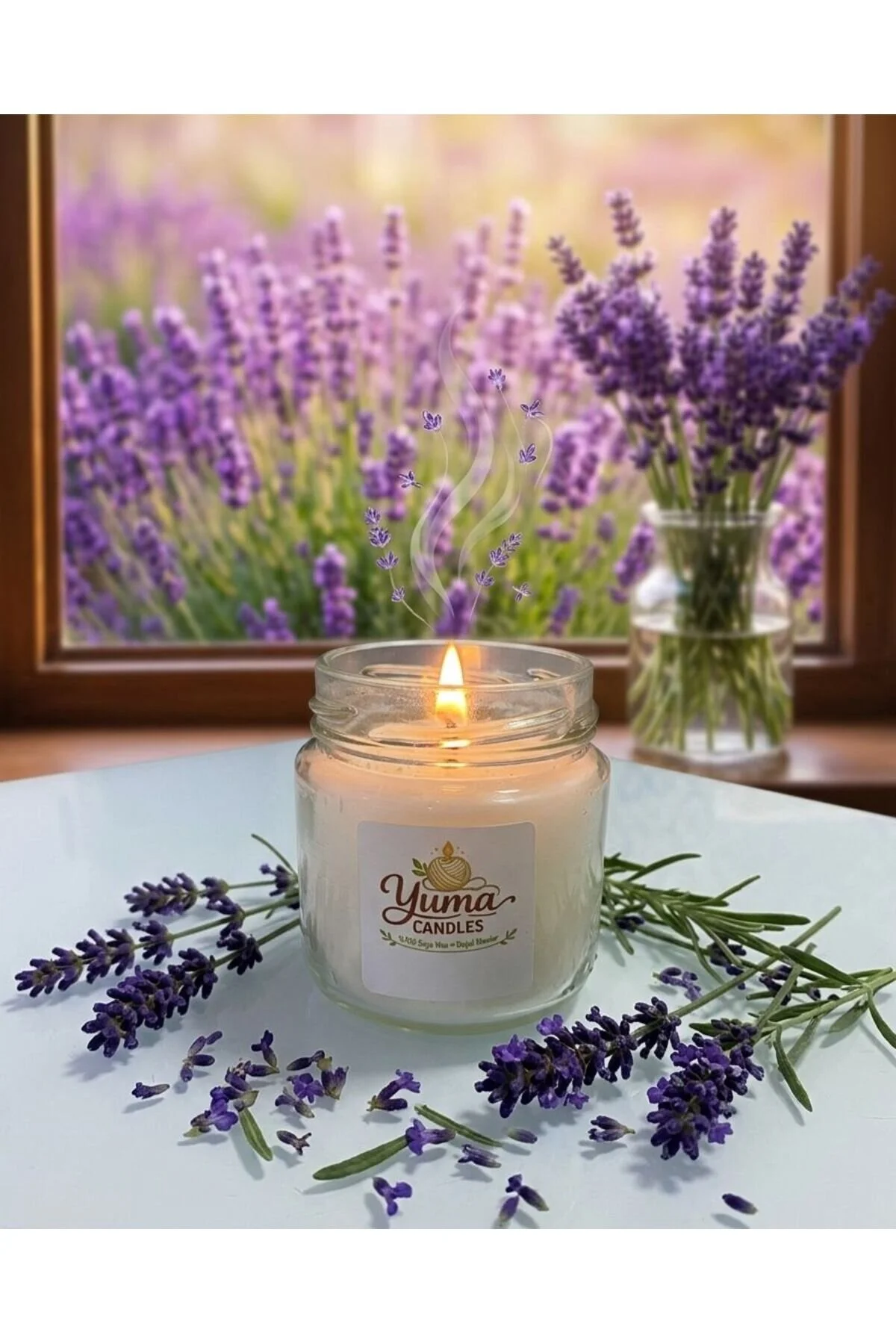 Lavanta Kokulu %100 Soya Wax 100cc Kapaklı Cam Kavanoz Mum Beyaz