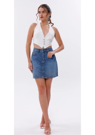 Eseclass Kadın Mavi Yüksek Bel Taş İşlemeli Denim Mini Etek - Işıltılı Kot Etek