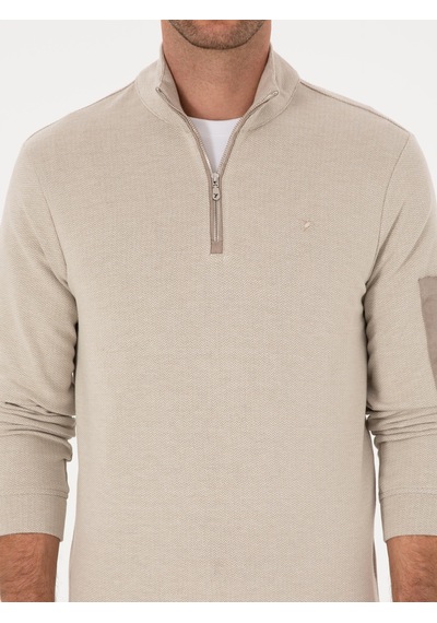 Bej Regular Fit Yarım Fermuarlı Sweatshirt