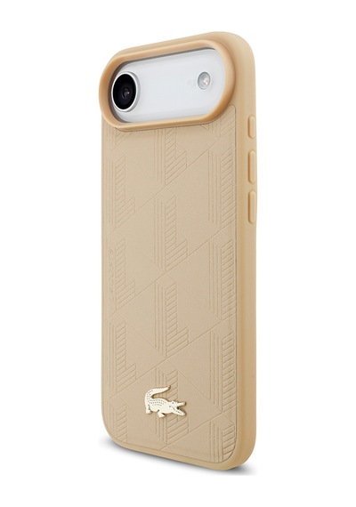 Apple Uyumlu iPhone 17 Air Kılıf Lacoste Lisanslı M-safeli Pu Deri Tasarımlı Karışık Monogram Desenli Kapak Bej Bej