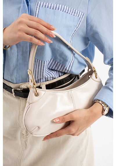 Lovelystore Bükreş Model Omuz Ve El Çantası Parlak Kırçıllı Yapılı Fermuarlı 33x14 Krem