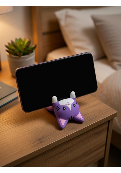 Mor Kedi Figürlü Telefon Tutucu Stand - 3d Baskı Ofis Masaüstü Aksesuarı Ve Biblo
