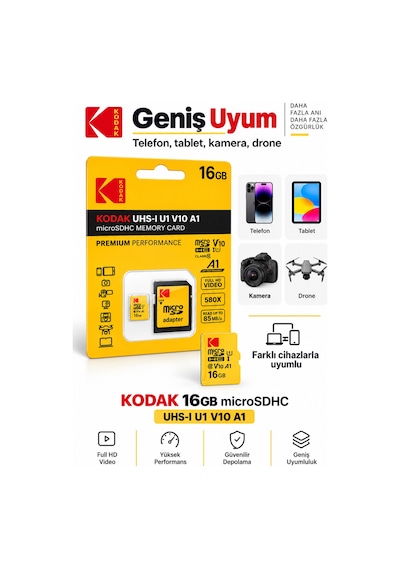 16gb Microsdhc Hafıza Kartı Uhs-ı U1 V10 A1 Class 10 85 Mb/s Full Hd Destekli Sd Adaptörlü