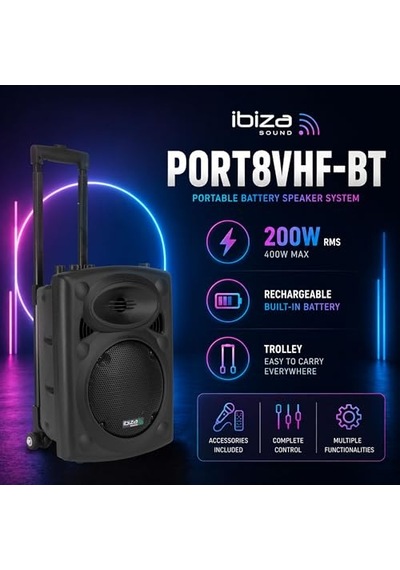 Port8vhf-bt - Taşınabilir Hoparlör, 8 İnç 20,3 Cm /maks. 400w, 2 Mikrofonlu Kablolu Ve Vhf , Uzaktan Kumanda Ve Ko