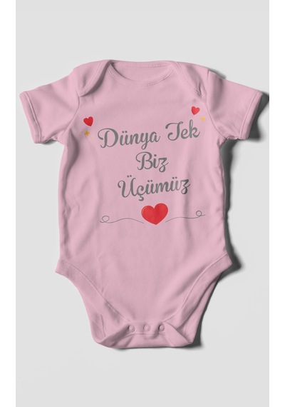 Morivokids Dünya Tek Biz Üçümüz Kısa Kollu Bebek Body %100 Pamuk Koyu Pembe
