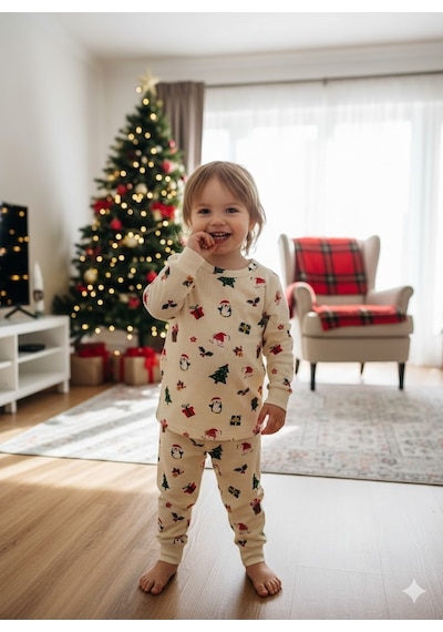 Yılbaşı Konseptli Pamuk Kumaşlı Pijama Takımı Ekru