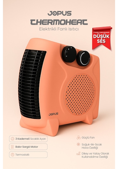 Jopus 2000W Elektrikli Fanlı Isıtıcı, Termostatlı, Sıcak-Soğuk Hızlı Isıtma, 25 m² Alan Kapasitesi - Somon