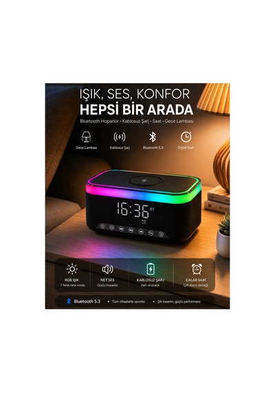 Doğum Günü, Özel Gün, Yeni İş Hediyesi Alarmlı Saat Hoparlör, Masa Lambası, Boyama Kalemleri 7'li Set