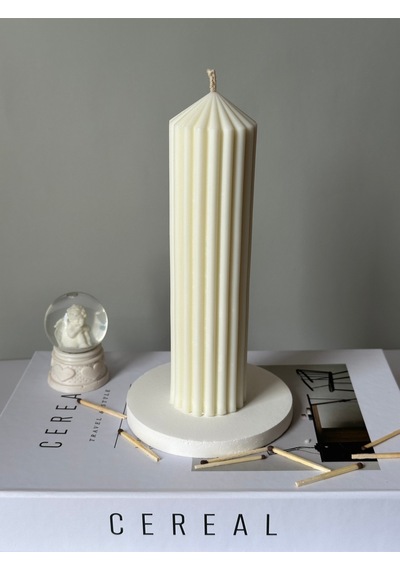 Dekoratif Çizgili Silindir Sütun Kokulu Vegan Soya Mum - 20 Cm Beyaz