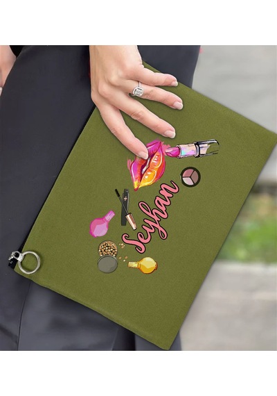 Bk Gift Kişiye Özel İsimli-4 Astarlı Yeşil Portföy Çanta 30x21cm, Baskılı El Çantası, Organizer Çanta