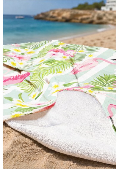 Flamingo Tropikal Çiçekli Plaj Havlusu - Mint Pembe Marine Çizgili Hızlı Kuruyan Mikrofiber Havlu Çok Renkli