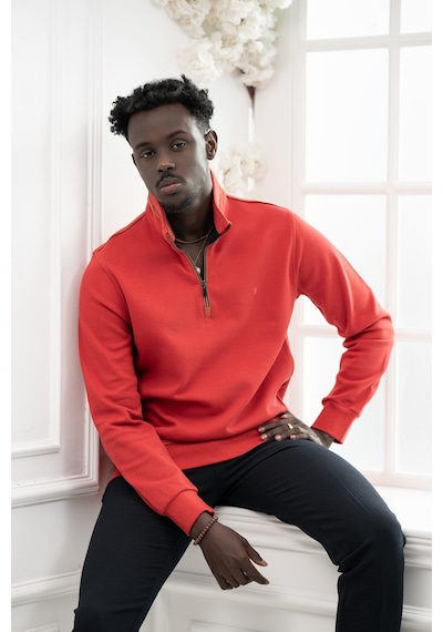 San&Fa Regular Fit Biyeli Fermuarlı Dik Yaka Armürlü Pamuklu Sweatshirt Nar Çiceği