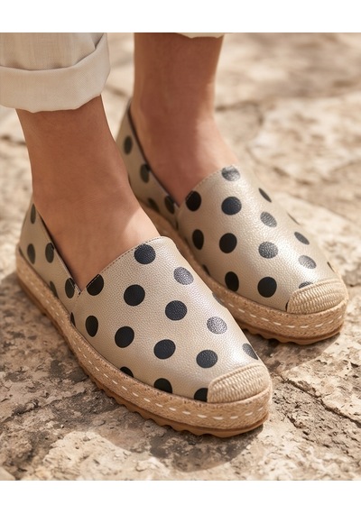Futsishoes Lucıa Bej Puantiyeli Hakiki Deri Dikiş Detaylı Kadın Espadril
