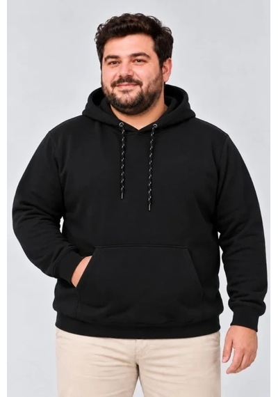 Zennamoda Erkek Battal Büyük Beden Üç İplik İçi Şardonlu Kapüşonlu Kanguru Cepli Kışlık Sweatshirt - Siyah