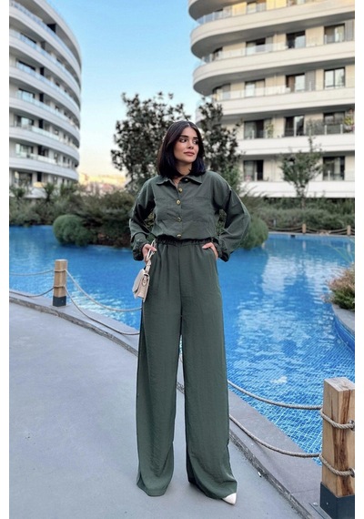 Kadın Haki Uzun Kol, Gömlek Yaka, Beli Lastikli, 4 Cepli, Bilekleri Lastikli, Salaş Tulum Haki