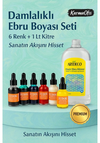 6 Renk Damlalıklı Ebru Boyası + 1 Lt Kitre
