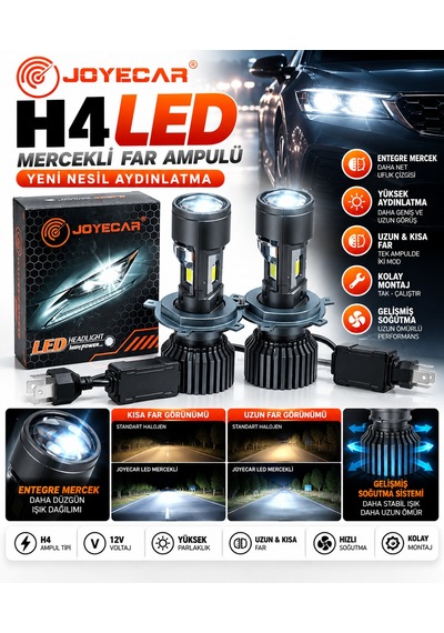 Joyecar H4 Mercekli Led Xenon Far Ampulü Yeni Nesil Güçlü Beyaz Işık Kısa Uzun Far 2 Adet