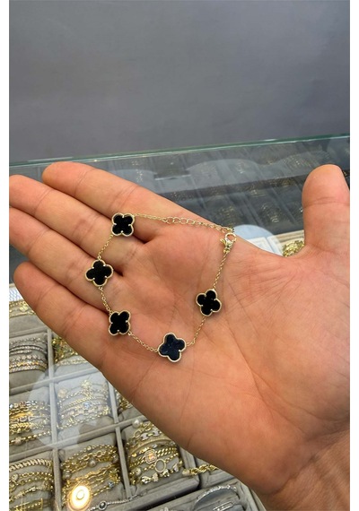 Siyah İnce Taşlı Yonca Bileklik Altın
