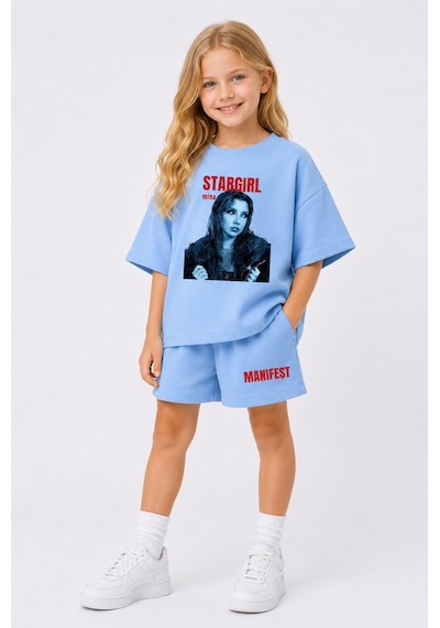 Fasardi Manifest Girls Mina Baskılı Oversize %100 Pamuk Tişört Şort 2li Çocuk Takım Mavi