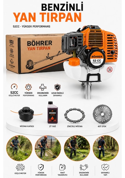 Böhrer Ba011353 Profesyonel 3.5 Hp Yan Tipi Benzinli Diken Çalı Çim Biçme Tırpan Makinesi