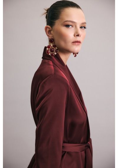 Sateen Kuşaklı Saten Ceket - Bordo-137007 Bordo