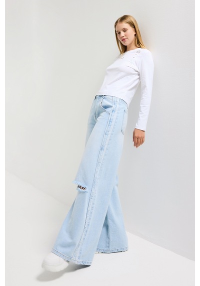 it's basic Kadın Ice 12s6-3 Palazzo Fit Yırtık Detaylı Tasarım Denim Jean Buz Mavi