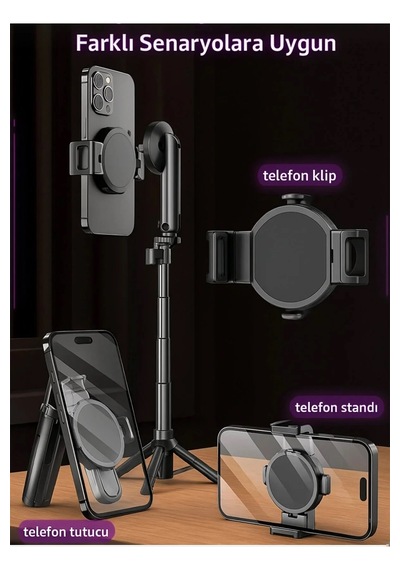 P15 Mini C Magesafe Uyumlu Selfie Çubuğu Tripod Bluetooth Uzaktan Kumandalı 360' Dönebilen Çok Amaçlı Tripod Siyah