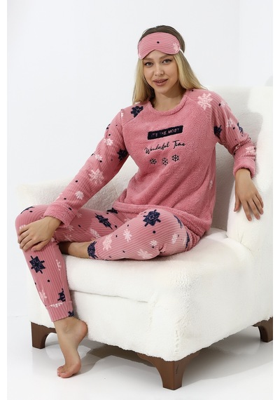 Fawn 5009 Peluş Welsoft Polar Kışlık Yumoş Kadın Pijama Takımı Pudra