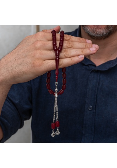 Metal Püsküllü Kapsül Kesim Bordo Sıkma Kehribar Tesbih