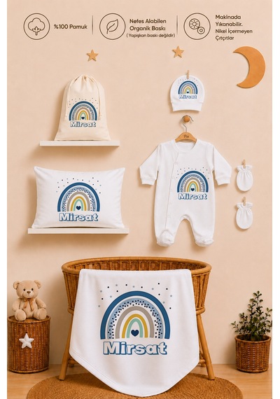 Pia Baby İsme Özel %100 Pamuk Erkek Bebek Yastık Battaniyeli Tulum Set Kese Hediyeli 1091tybk0x Krem