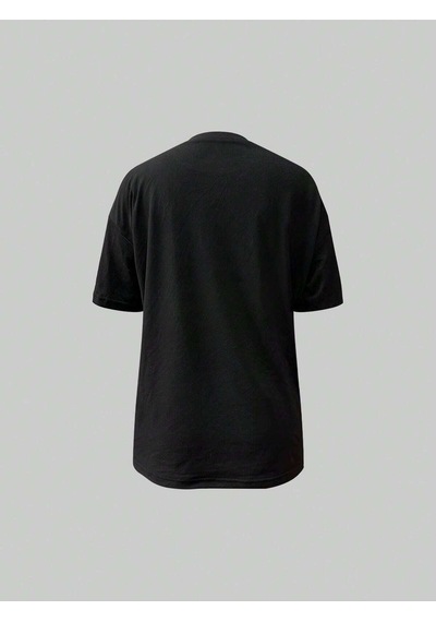 İçecekler T-shirt - Siyah Baskılı Oversize Bisiklet Yaka Kısa Kol Tişört Siyah