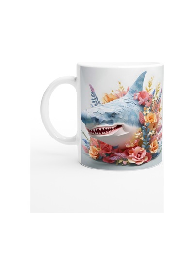Çiçeklerle Süslenmiş Komik Köpek Balığı Temalı Renkli Kupa Bardak Renkli