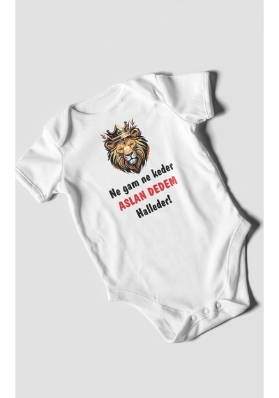 Ne Gam Ne Keder Aslan Dedem Halleder Baskılı Bebek Zıbını Çıtçıtlı Body %100 Pamuk Kısa Kol Beyaz