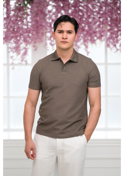 Advante Slimfit Spor Örgü Kumaş Tek Düğme Polo Yaka T-shirt Kahverengi