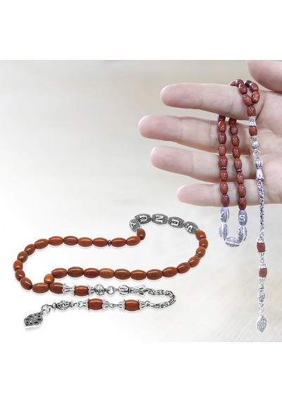 Tesbihane Doğaltaş Opal Tesbih - Kararmaz Metal Arnavut Püsküllü - Kişiye Özel İsim Yazılı - Arpa Kesim Kırmızı