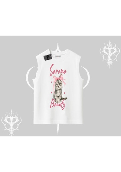 Tarzsokak Serene Beauty Kedi Baskılı Kolsuz Tshirt Beyaz