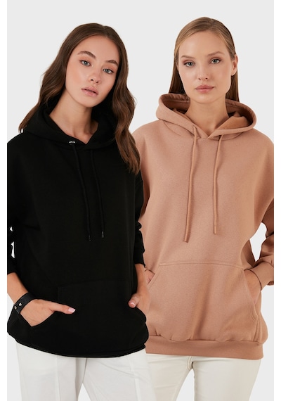 Lela Regular Fit Pamuklu Kapüşonlu Yaka Şardonlu Kışlık 2'Li Paket Bayan Sweat 5863854S2 Siyah-Bisküvi