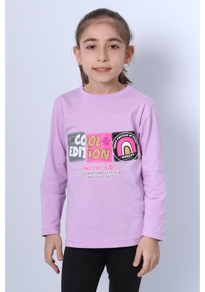 Hçm Kız Çocuk Uzun Kollu Tshirt 4 Mevsim Bisiklet Yaka Cool Edition Baskılı D45 Lila