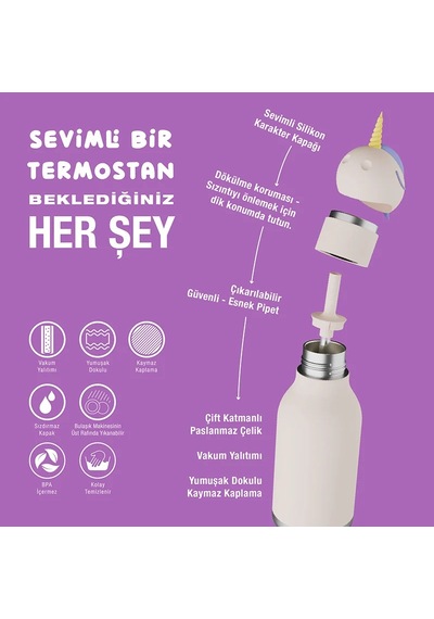 Asobu Bestie Bottle - Unicorn Yalıtımlı Paslanmaz Çelik Su Şişesi, Pipetli, 460ml Çok Renkli