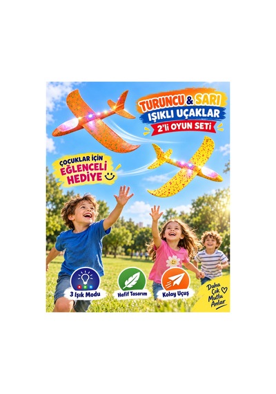 2 Li Led Işıklı Köpük Uçak Seti - Büyük Boy-turuncu & Sarı Hafif Dayanıklı Fırlatma Uçağı Açık Hava Oyuncağı - 921733635