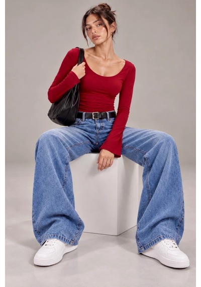 Bbbutikbasic Kadın U Yaka İspanyol Kol Uzun Kollu Slim Fit Bluz My3535 Kırmızı
