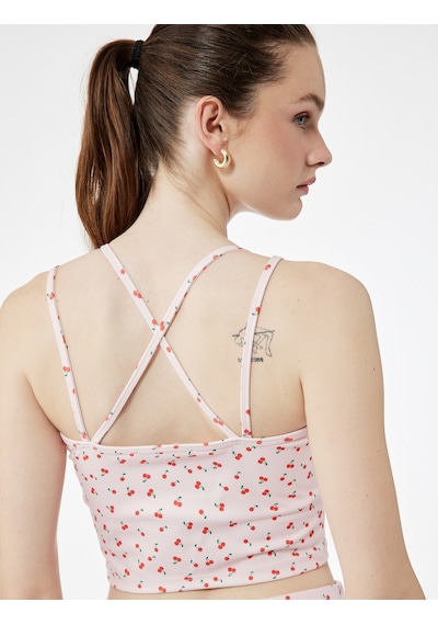 Koton İp Askılı Kiraz Baskılı Sırt Detaylı Crop Sporcu Atleti Pembe Desenli 5sak30090nk