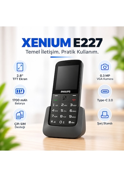 Philips Xenium E227 Kameralı Çift SIM Kartlı Tuşlu Cep Telefonu Siyah