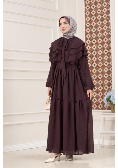 Sevitli Fırfır Detaylı Roza Tesettür Elbise-mürdüm-5774
