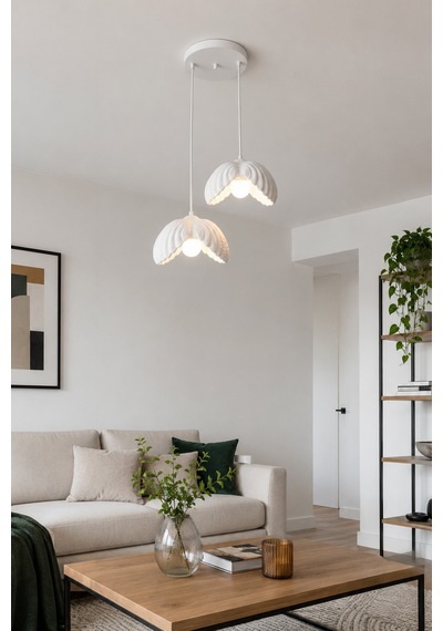 Lotus Çiçek Tasarım 2'li Sarkıt Avize - Modern Tasarım Gece Lambası İç Dış Ortama Uygun - 25 Cm - Beyaz