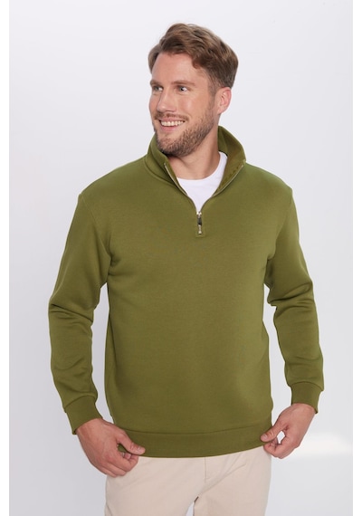 Tudors Unisex Relax Fit Rahat Kesim Pamuklu İçi Polarlı Yarım Fermuarlı Haki Dik Yaka Sweatshirt-31452 Haki