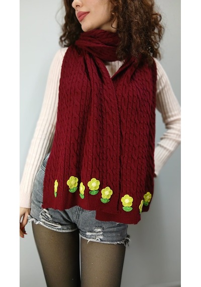 Gönülden Tasarım Bordo Örme Triko Çiçekli Kadın Şal Atkı Boyunluk 200x30 Cm Renkli